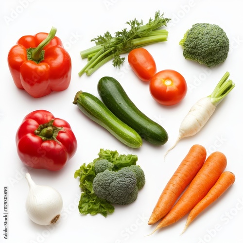 Fresh, colorful vegetables arranged on a white background.