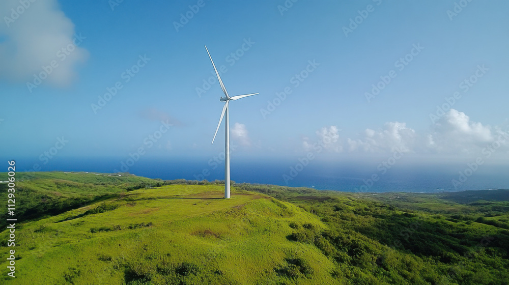 Scenic View of a Single Wind Turbine on a Green Hill with Ocean Background Under Clear Blue Sky in Daylight, Representing Renewable Energy Efforts Scenic View of a Single Wind Turbine on a Green Hill with Ocean Background Under Clear Blue Sky in Daylight, Representing Renewable Energy Efforts