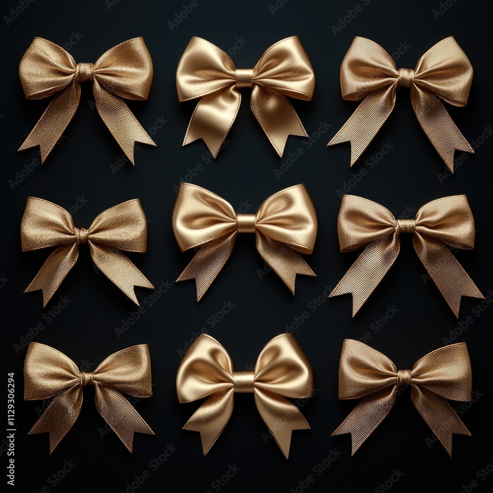 Six golden bows arranged on a dark background, ideal for use in gift wrapping or decoration Six golden bows arranged on a dark background, ideal for use in gift wrapping or decoration