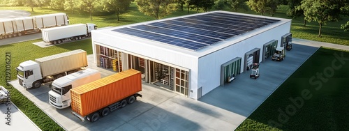 Aerial view of the roof with solar panels on an industrial building, in a white and grey color scheme, with trucks parked in front.
