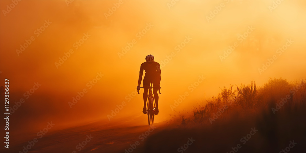 Silhouette of a cyclist riding through an atmospheric orange-lit foggy landscape . high quality image Silhouette of a cyclist riding through an atmospheric orange-lit foggy landscape . high quality image