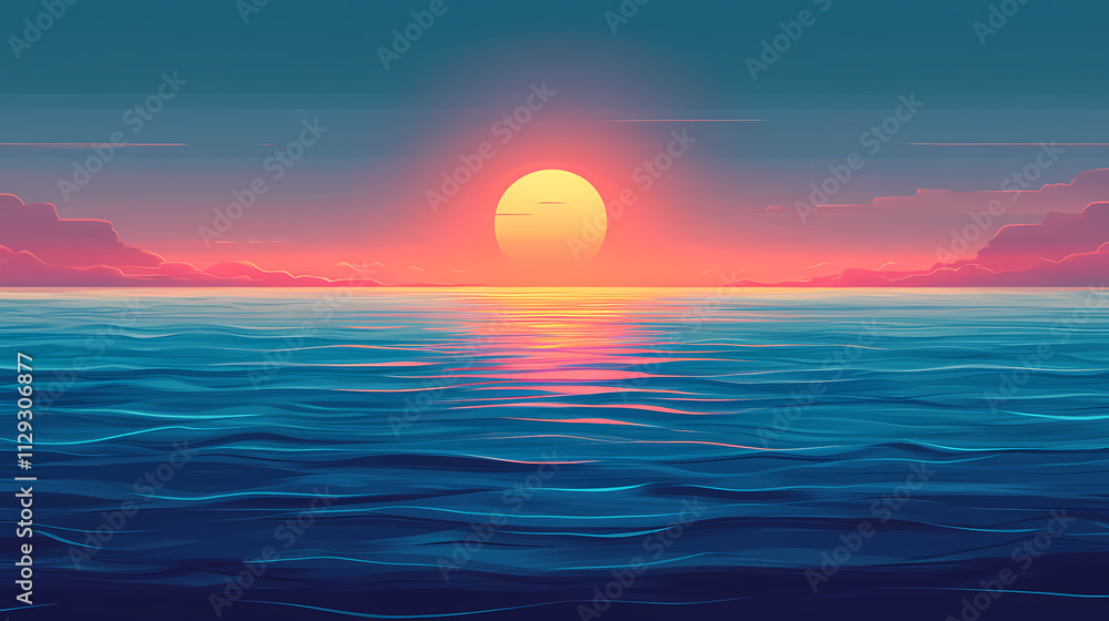 Fototapeta premium Endless horizon of the vast blue ocean during sunrise. Horizon. Illustration