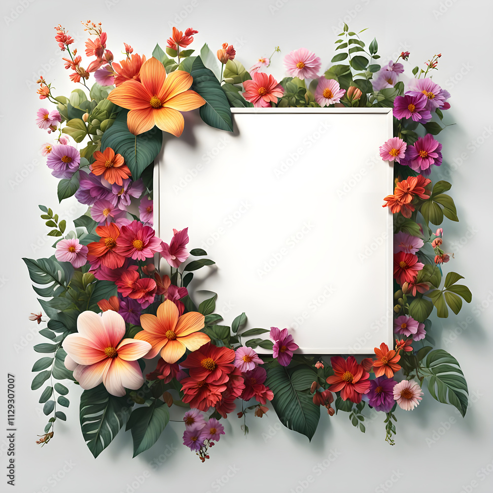 White board with blossoming flowers White board with blossoming flowers