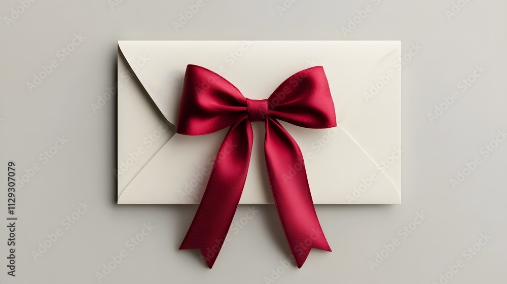 An elegant white envelope adorned with a luxurious red satin bow, perfect for conveying special messages on occasions like weddings, birthdays, or anniversaries. An elegant white envelope adorned with a luxurious red satin bow, perfect for conveying special messages on occasions like weddings, birthdays, or anniversaries.