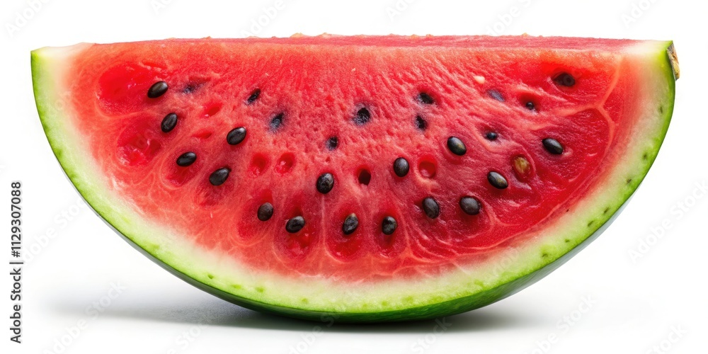 A vibrant watermelon slice, juicy and fresh, perfectly isolated against a stark white background. A vibrant watermelon slice, juicy and fresh, perfectly isolated against a stark white background.