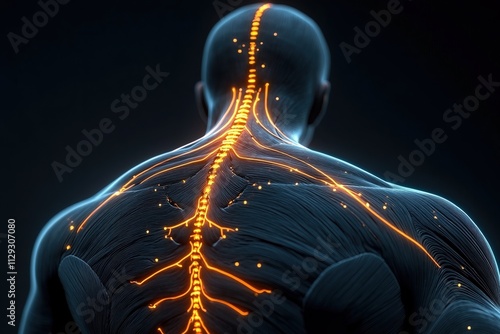 Detailed illustration of human neck and shoulder musculature with glowing neural pathways emphasizing anatomical complexity