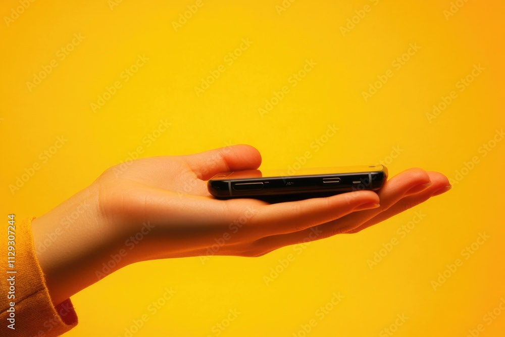 Closeup Image of Woman's Open Palm Offering a Flat Smartphone on a Bright Yellow Background Closeup Image of Woman's Open Palm Offering a Flat Smartphone on a Bright Yellow Background
