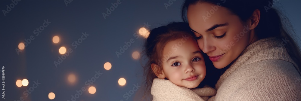 A woman is holding a small child in her arms. The child is wearing a white sweater. The scene is set in a dark room with a blue background. Scene is warm and comforting A woman is holding a small child in her arms. The child is wearing a white sweater. The scene is set in a dark room with a blue background. Scene is warm and comforting