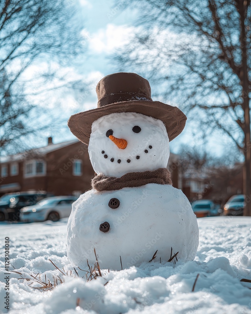 Charming Snowman with Brown Hat and Carrot Nose in a Picturesque Snowy Winter Wonderland Scene Charming Snowman with Brown Hat and Carrot Nose in a Picturesque Snowy Winter Wonderland Scene