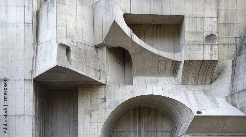 Fototapeta premium Abstract Architectural Composition of Urban Concrete Structure Highlighting Curved Forms and Geometric Shapes in a Monochromatic Palette