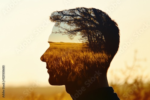 A man is depicted with a tree growing out of his head, a surreal and imaginative scene photo