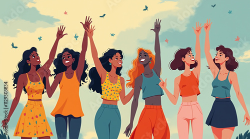 women celebrating pride month: love, diversity and inclusion. vector illustration.