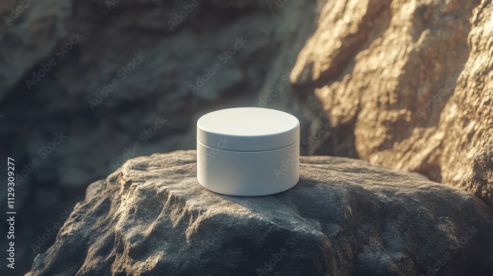 Minimalist white container rests on a rock under soft natural light in an outdoor setting Minimalist white container rests on a rock under soft natural light in an outdoor setting