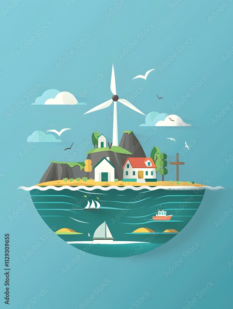 Idyllic Island Village Windmill Boats Ocean Homes Green Energy Idyllic Island Village Windmill Boats Ocean Homes Green Energy