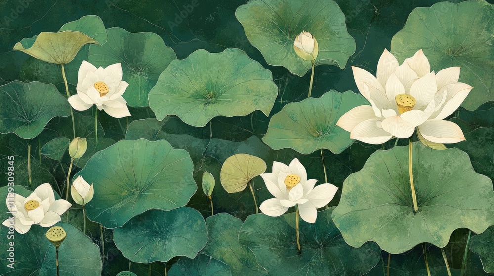 Lotus Blossom - Nelumbo Nucifera in Serene Summer Scenery with Lush Green Leaves and Tranquil Waters Lotus Blossom - Nelumbo Nucifera in Serene Summer Scenery with Lush Green Leaves and Tranquil Waters