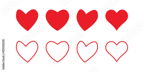 Heart, red love, romance, valentine's day, red heart icon sign symbol in difference shape. Outline solid color. Artistic red heart love symbols isolated vector illustration.