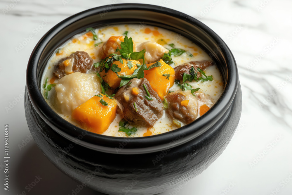 pepper pot stew served in a blackbowl with colorful vegetables and herbs on marble surface pepper pot stew served in a blackbowl with colorful vegetables and herbs on marble surface