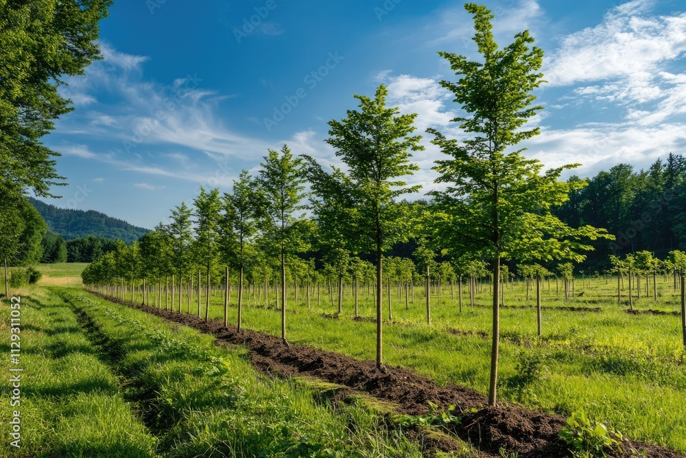 Obraz premium Vibrant Tree Nursery: A Sunlit Landscape of Young Saplings Under a Clear Sky