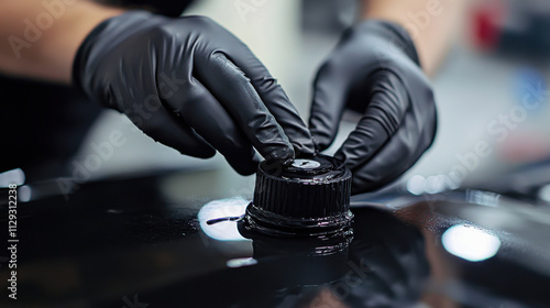Hands of a technician in black gloves replacing oil filter on a car in an automotive workshop with focus on cleanliness and precision in vehicle maintenance.