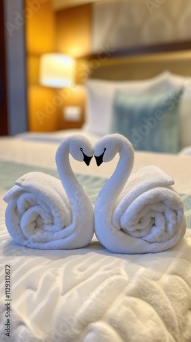 White towels are artfully arranged to resemble two swans forming a heart on a neatly made bed in a hotel room, creating a romantic setting perfect for Valentine's Day photo