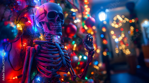 Horror-themed Christmas decor blending spooky skeleton ornaments with festive lights . illustration