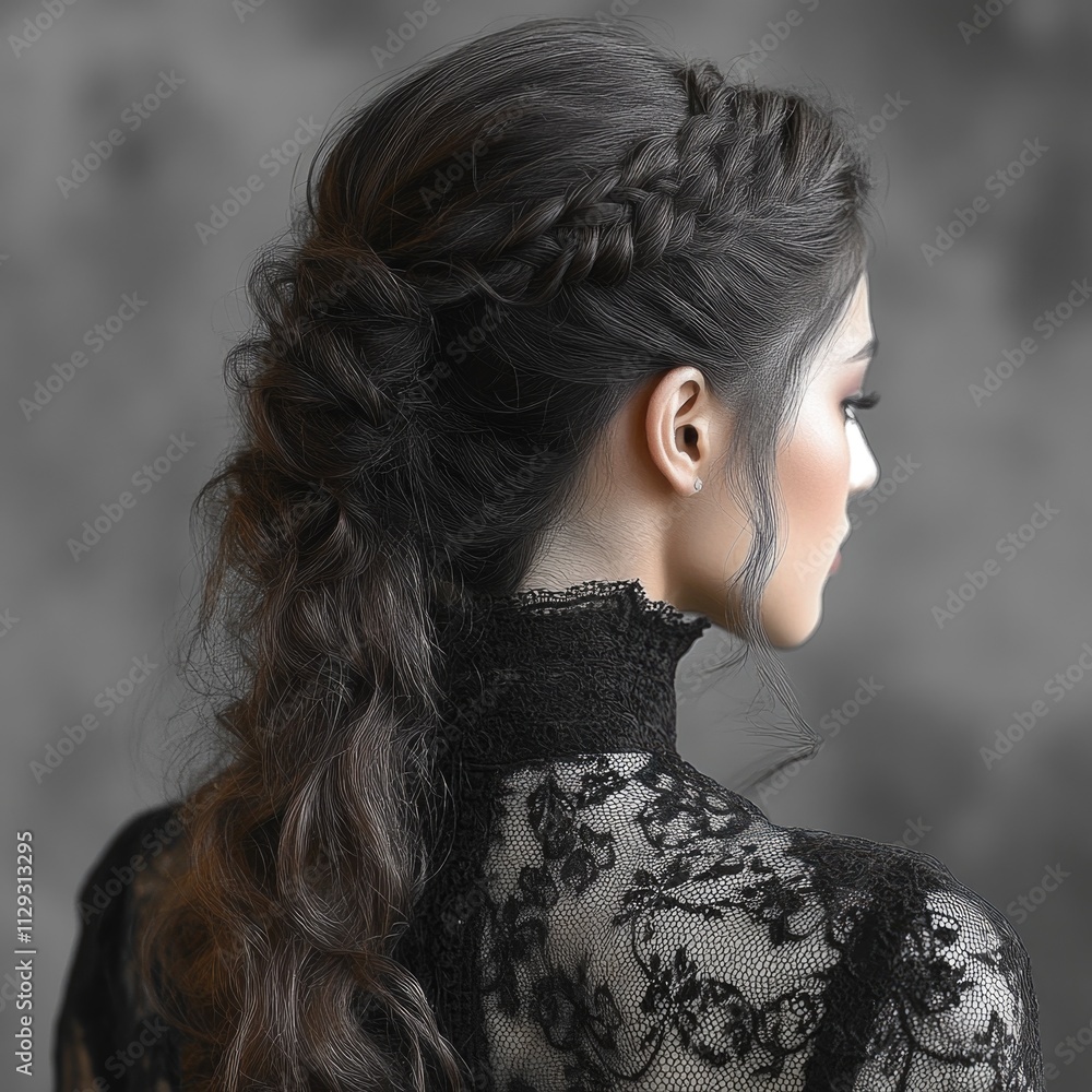 Fototapeta premium A woman wearing a long dress with intricate lace details, perfect for formal occasions or romantic scenes