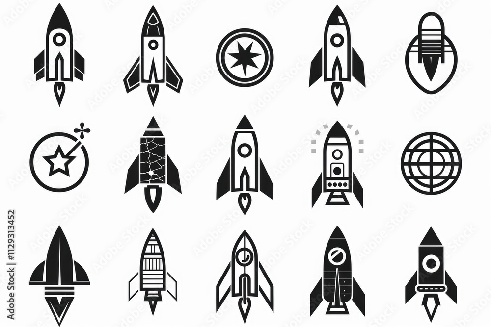 Collection of old-fashioned rockets in monochrome tones Collection of old-fashioned rockets in monochrome tones