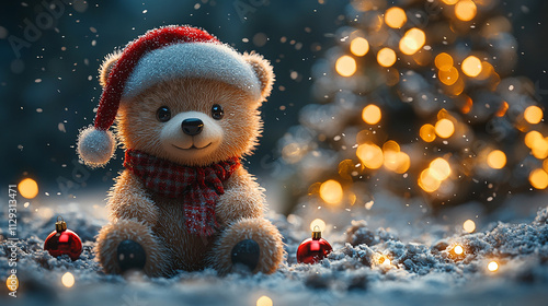 Wallpaper Mural Bear with Santa Hat and Scarf Beside Decorated Christmas Tree Torontodigital.ca