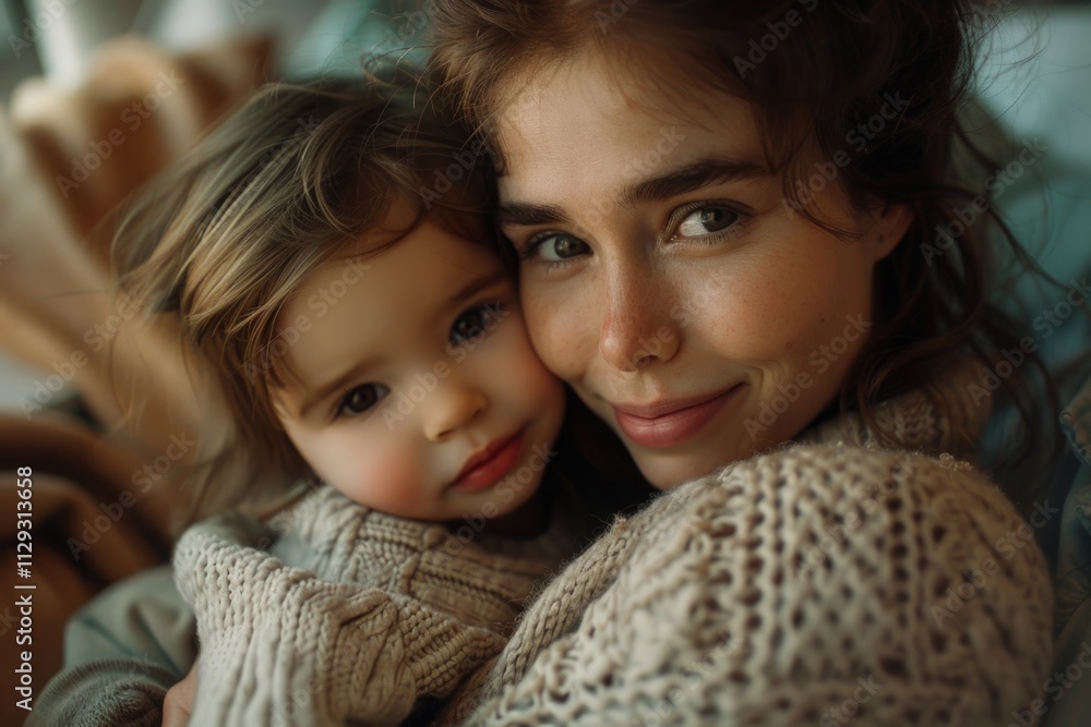 A mother holding a young child close to her chest A mother holding a young child close to her chest