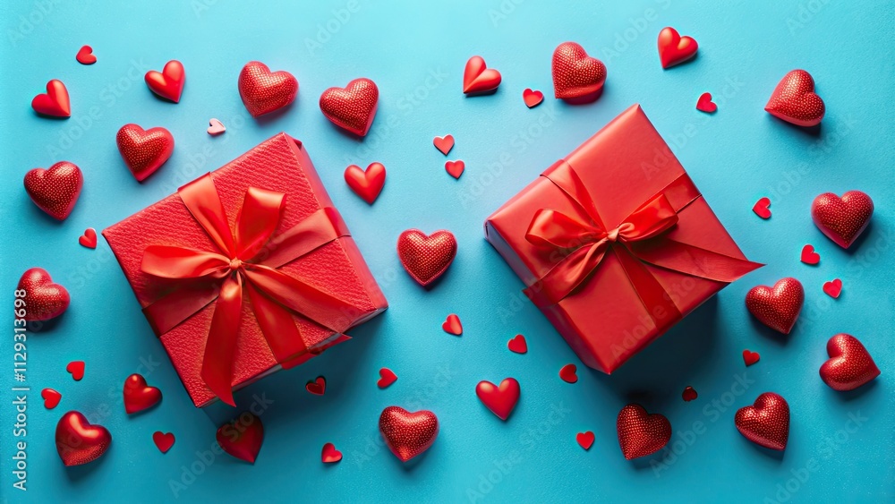Blue backdrop, red gift boxes and hearts scattered; a flat lay Valentine's Day scene. Blue backdrop, red gift boxes and hearts scattered; a flat lay Valentine's Day scene.