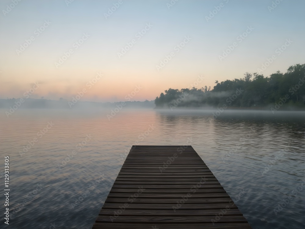 Fototapeta premium A peaceful evening view of a wooden dock on a misty lake, with soft ripples reflecting a pastel sunset.