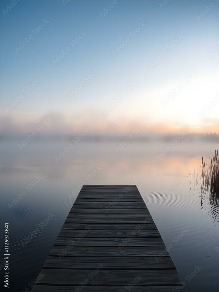 A peaceful evening view of a wooden dock on a misty lake, with soft ripples reflecting a pastel sunset. A peaceful evening view of a wooden dock on a misty lake, with soft ripples reflecting a pastel sunset.