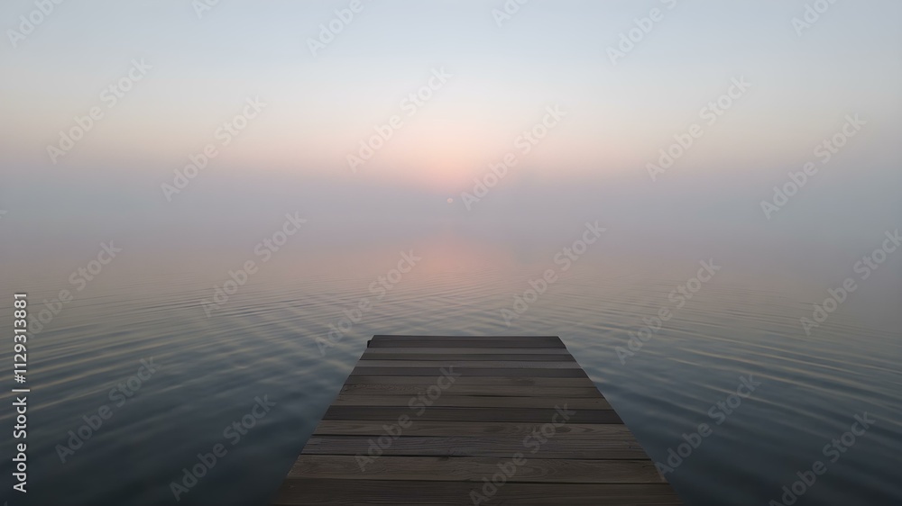 Naklejka premium A peaceful evening view of a wooden dock on a misty lake, with soft ripples reflecting a pastel sunset.