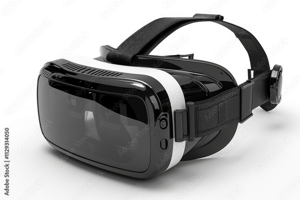 A black and white virtual reality headset sits on a white surface, ready for use A black and white virtual reality headset sits on a white surface, ready for use