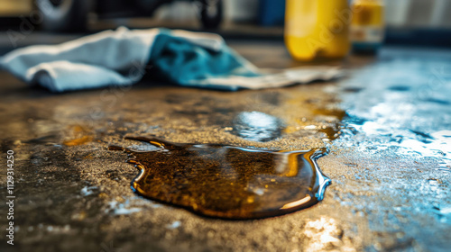 Close-Up View of a Spilled Liquid on a Garage Floor with Cleaning Rag and Bottles, Capturing the Messy Reality of a Home Workshop Environment