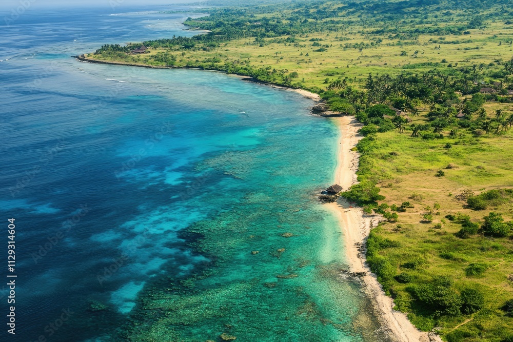 Obraz premium Dreamy Aerial View of a Wild Beach in Bali with Vibrant Blue Waters and Bright Abstract Background
