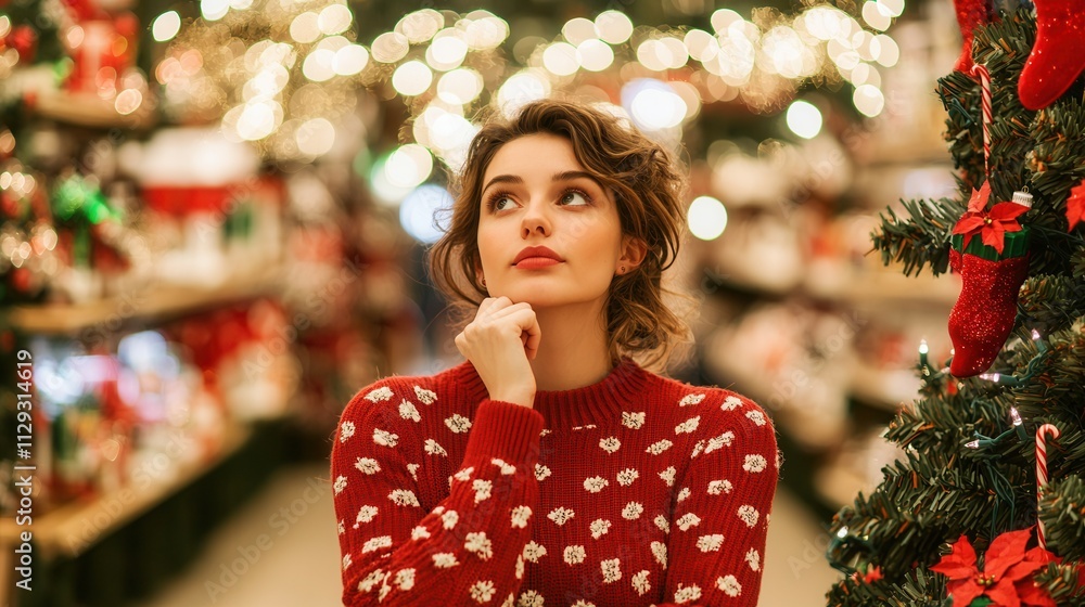 A thoughtful woman in a festive sweater stands amidst twinkling holiday lights and decorations, evoking a warm Christmas atmosphere. A thoughtful woman in a festive sweater stands amidst twinkling holiday lights and decorations, evoking a warm Christmas atmosphere.