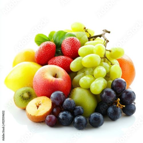 Fototapeta Naklejka Na Ścianę i Meble -  A colorful assortment of fresh fruits including grapes, strawberries, apples, kiwi, lemon, and plums, isolated on white.
