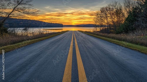 The empty road leading to the lake by sunset