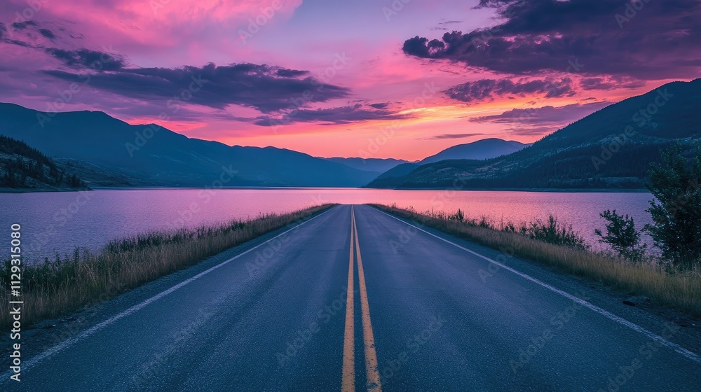 Fototapeta premium The empty road leading to the lake by sunset