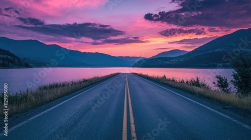 The empty road leading to the lake by sunset