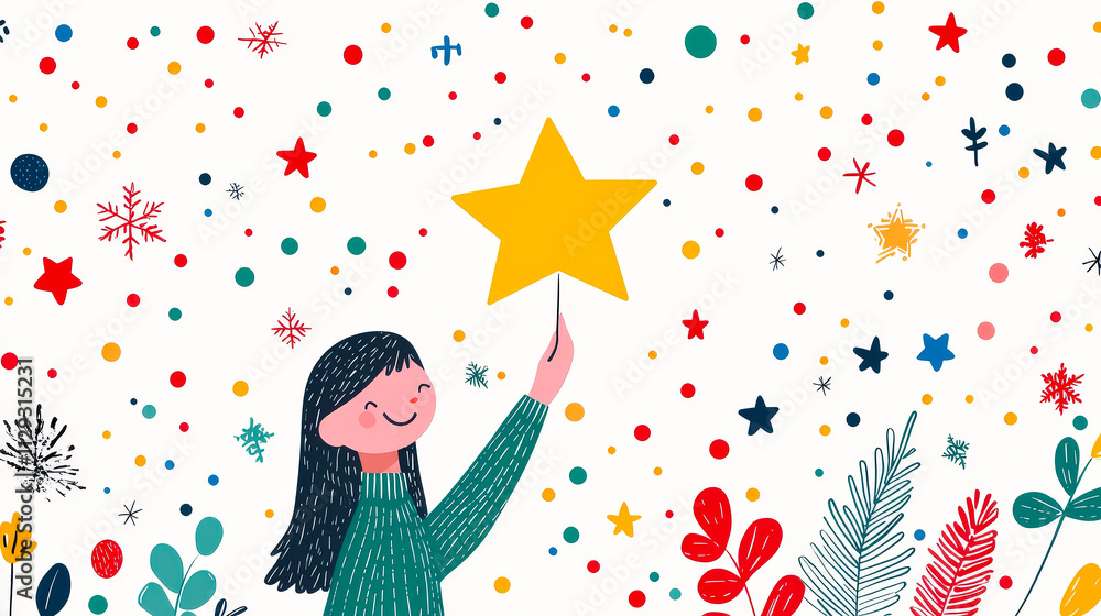 Child holds a bright star against a colorful background of stars and festive elements Child holds a bright star against a colorful background of stars and festive elements