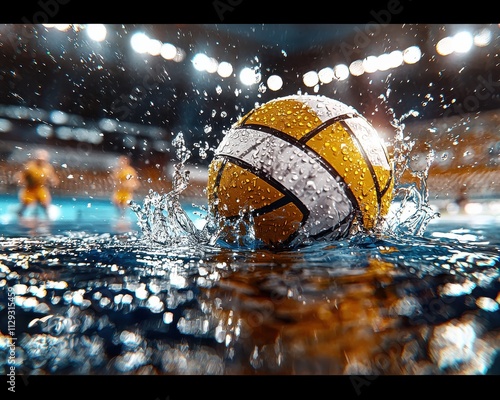 Dynamic water polo match showcasing teams in action under bright stadium lights photo