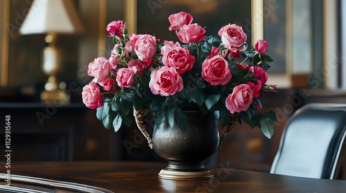 An elegant Victorian vase filled with wild roses, placed in an upscale office setting with polished wood and sophisticated decor
