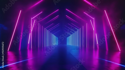 Empty concert stage illuminated with vibrant neon lights and colorful stage effects, perfect for music events and creative entertainment design