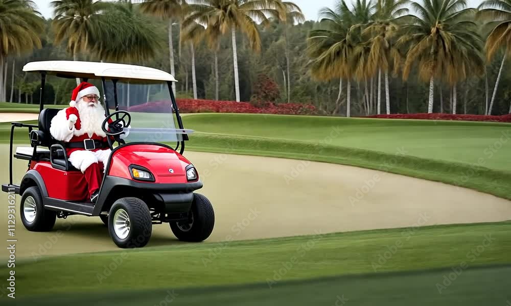 Santa Claus in a red golf cart on a green golf course. Santa Claus in a red golf cart on a green golf course.