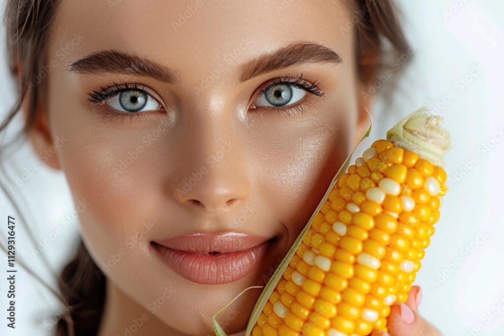 A woman holds a corn cob in front of her face, concealing her identity A woman holds a corn cob in front of her face, concealing her identity
