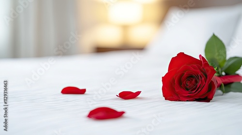 Fototapeta Naklejka Na Ścianę i Meble -  A beautifully arranged bouquet of red roses rests on hotel bed sheets adorned with scattered rose petals, creating a romantic ambiance for Valentine's Day