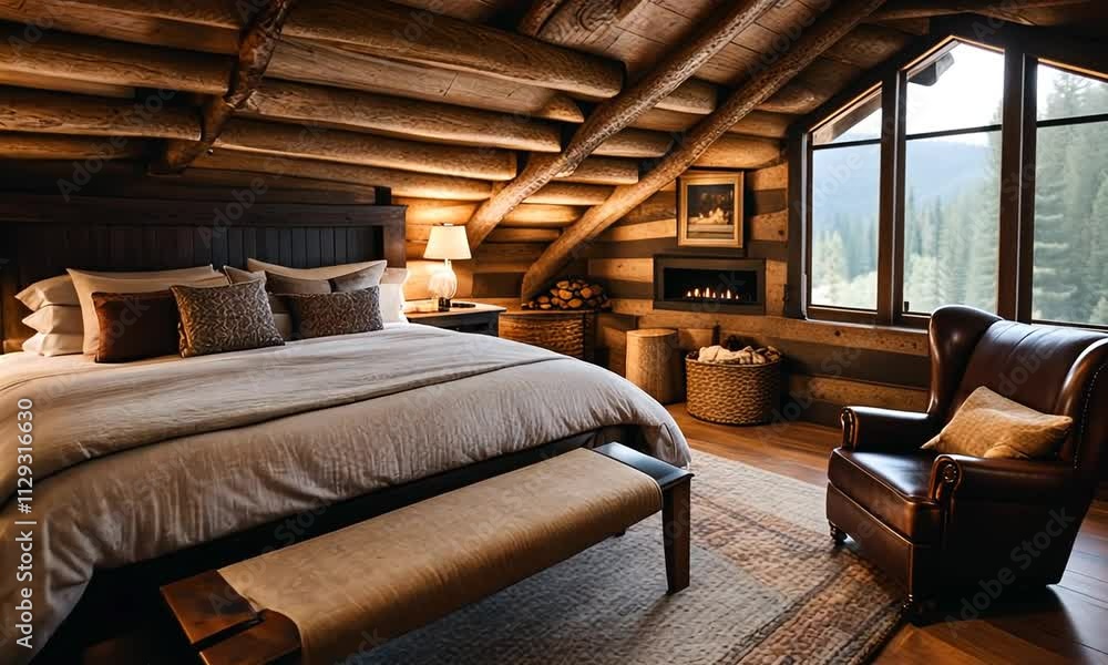 Cozy rustic bedroom with a king-size bed, fireplace, and mountain view. Cozy rustic bedroom with a king-size bed, fireplace, and mountain view.