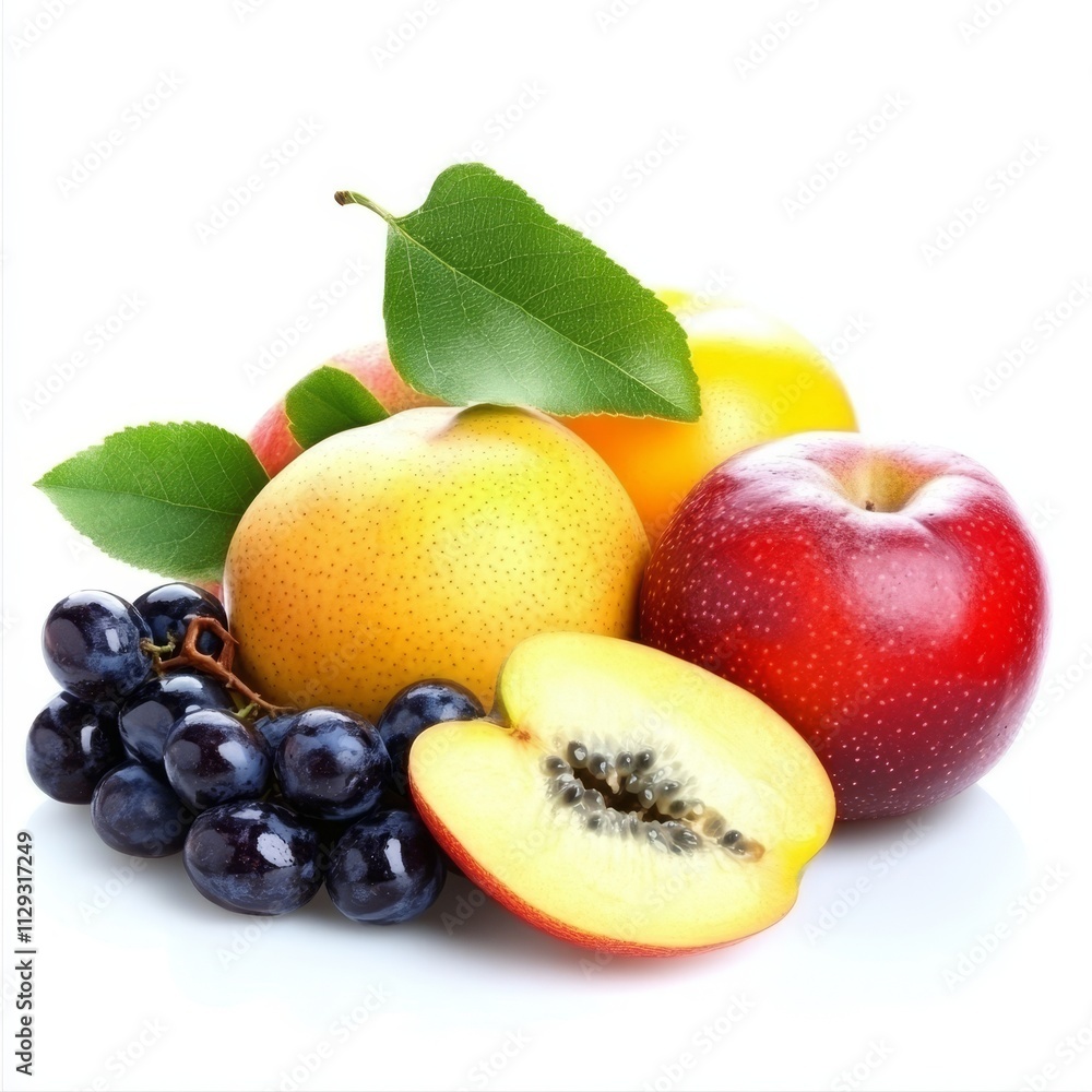 Fresh fruit arrangement apples, pears, grapes, and peach half on white background. Fresh fruit arrangement apples, pears, grapes, and peach half on white background.